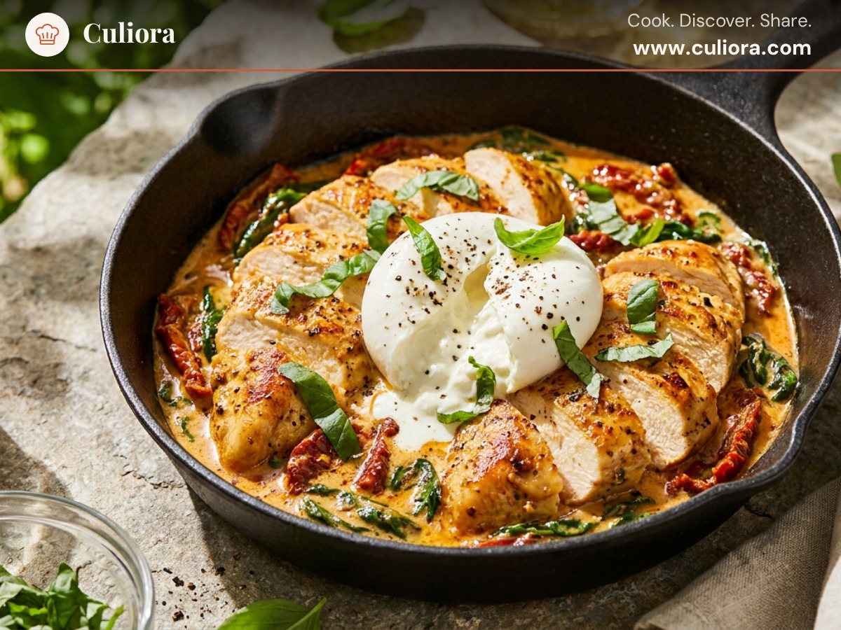 Creamy Tuscan Chicken with Burrata & Sun-Dried Tomatoes served on a plate, photographed in natural light