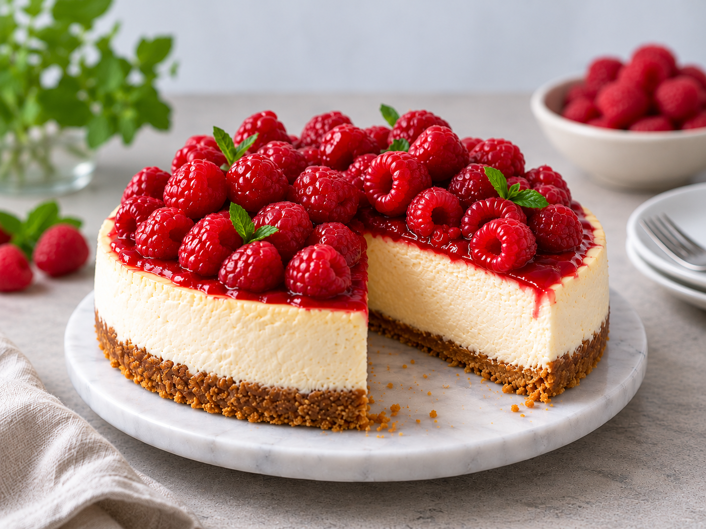 Klassisk bakad cheesecake med färska hallon served on a plate