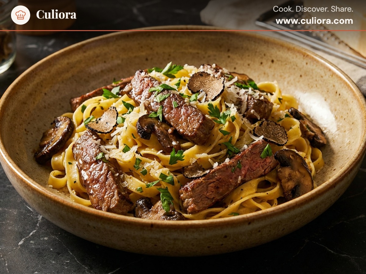 Tagliatelle with Beef Tenderloin, Porcini & Truffle served on a plate, photographed in natural light