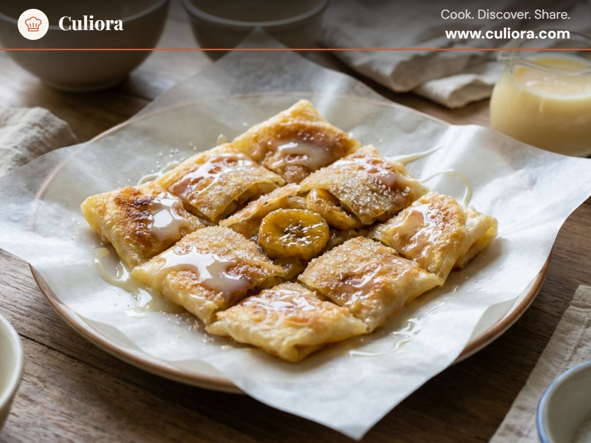 Thailändsk bananpannkaka (Roti kluay) served on a plate, photographed in natural light