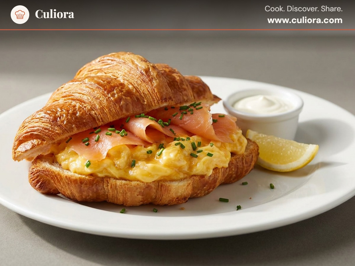 Croissant with Scrambled Eggs and Smoked Salmon served on a plate, photographed in natural light