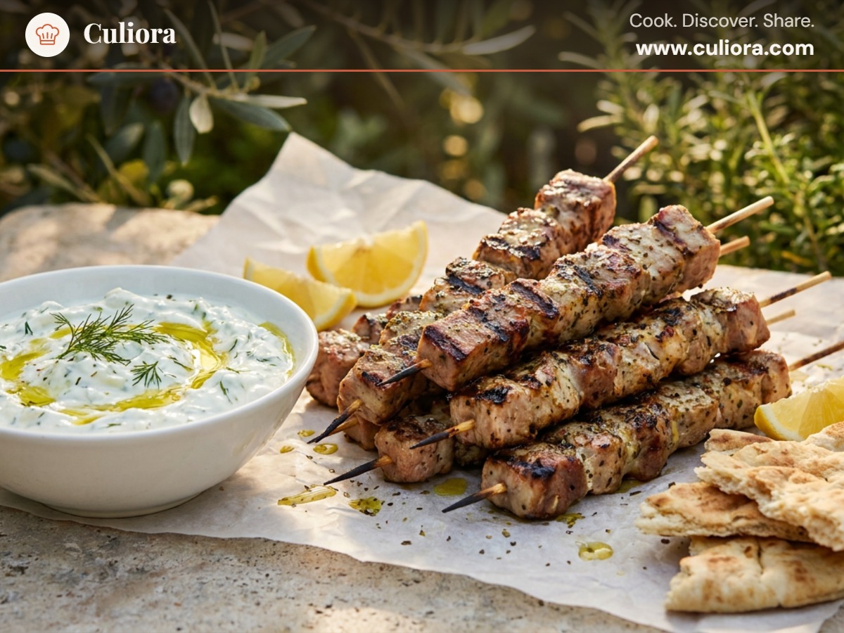 Greek Pork Souvlaki with Tzatziki served on a plate, photographed in natural light