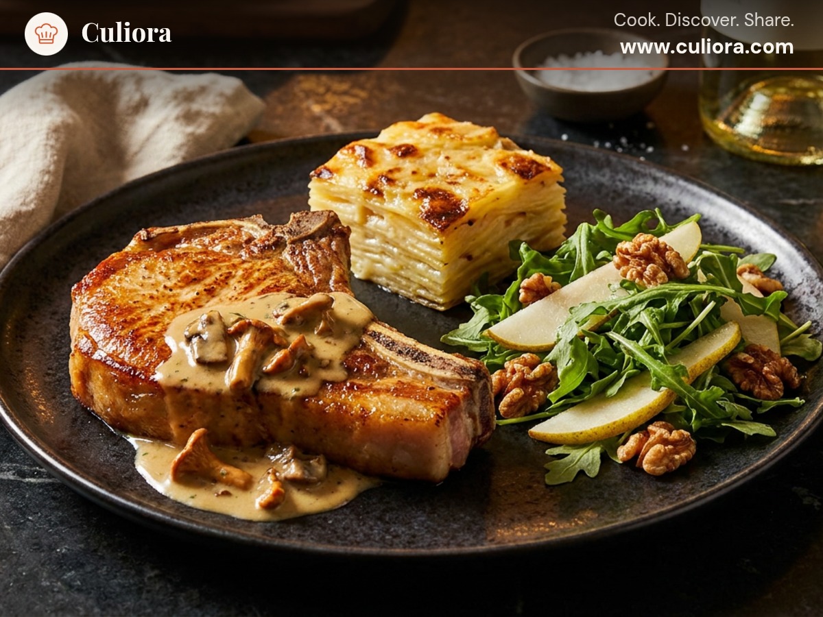 Pan-Seared Pork Chops with Chanterelle White Wine Sauce, Gratin Dauphinois, and Pear Walnut Salad served on a plate, photographed in natural light