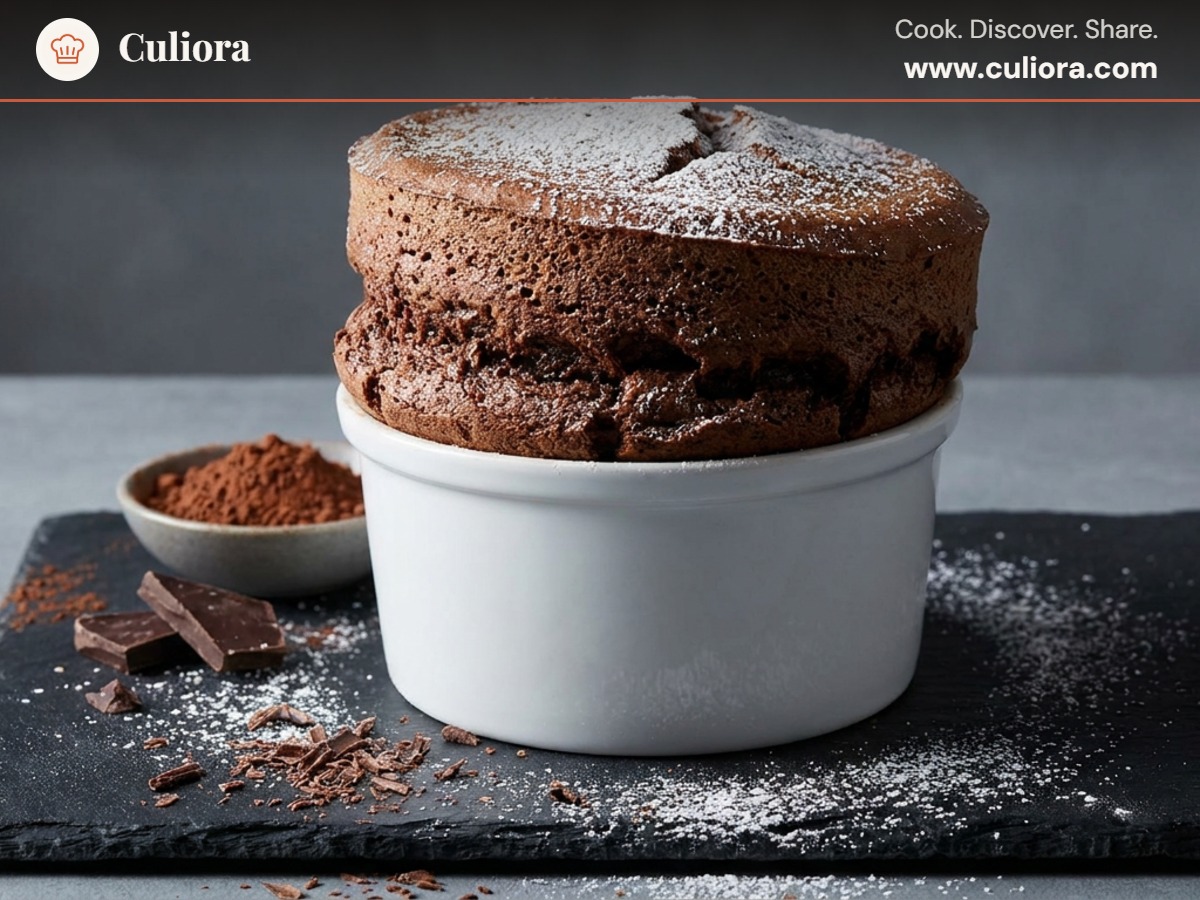 Fransk chokladsufflé served on a plate, photographed in natural light