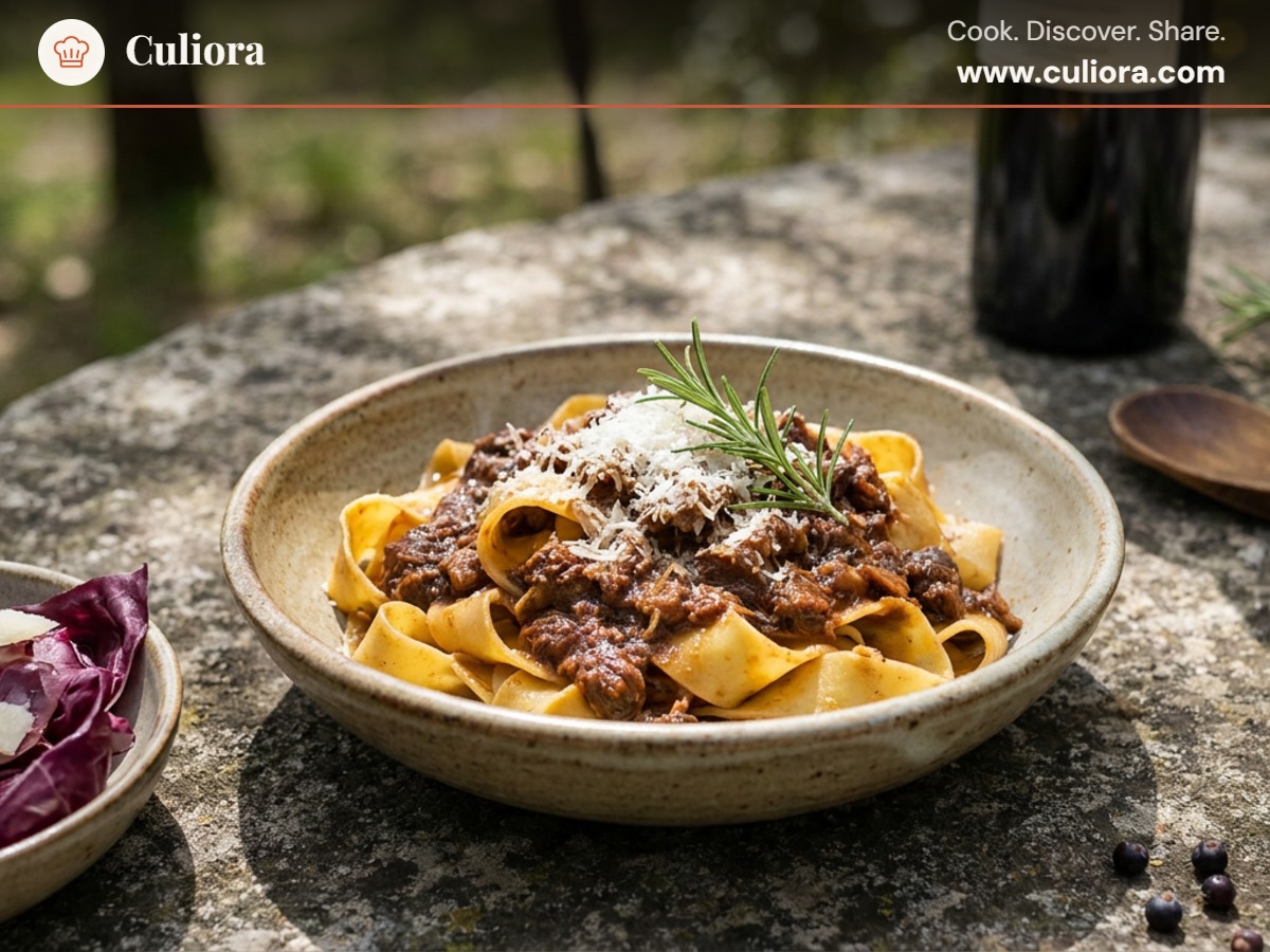 Pappardelle al Ragù di Cinghiale med radicchio- och parmesansallad served on a plate, photographed in natural light