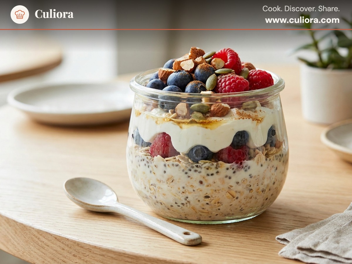 Overnight Oats with Greek Yogurt, Berries, Nuts and Seeds served on a plate, photographed in natural light