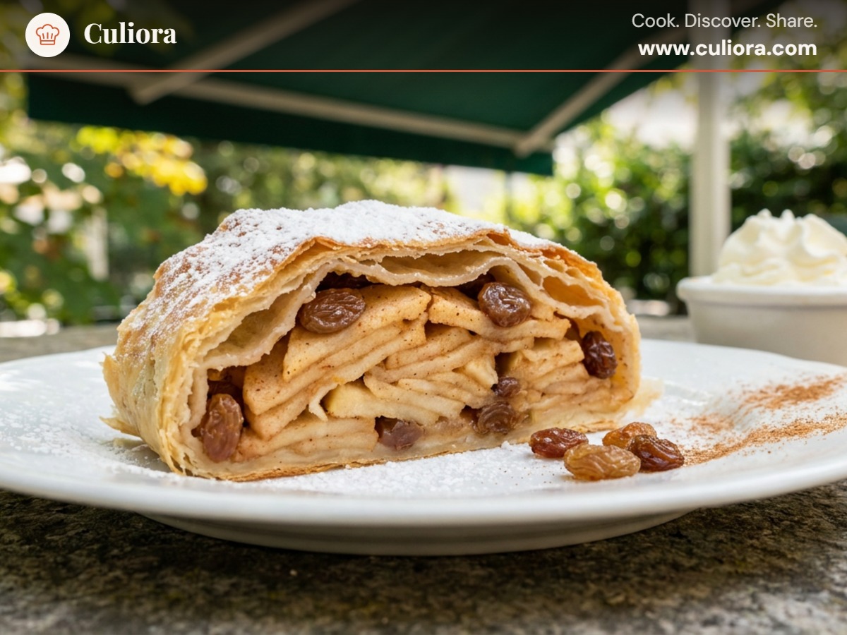 Wiener Apfelstrudel served on a plate, photographed in natural light