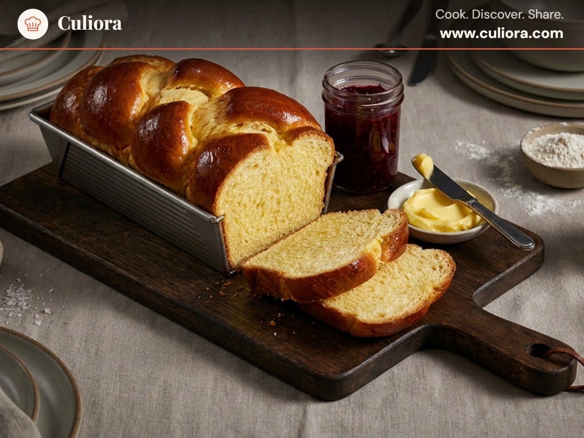 Fransk brioche served on a plate, photographed in natural light