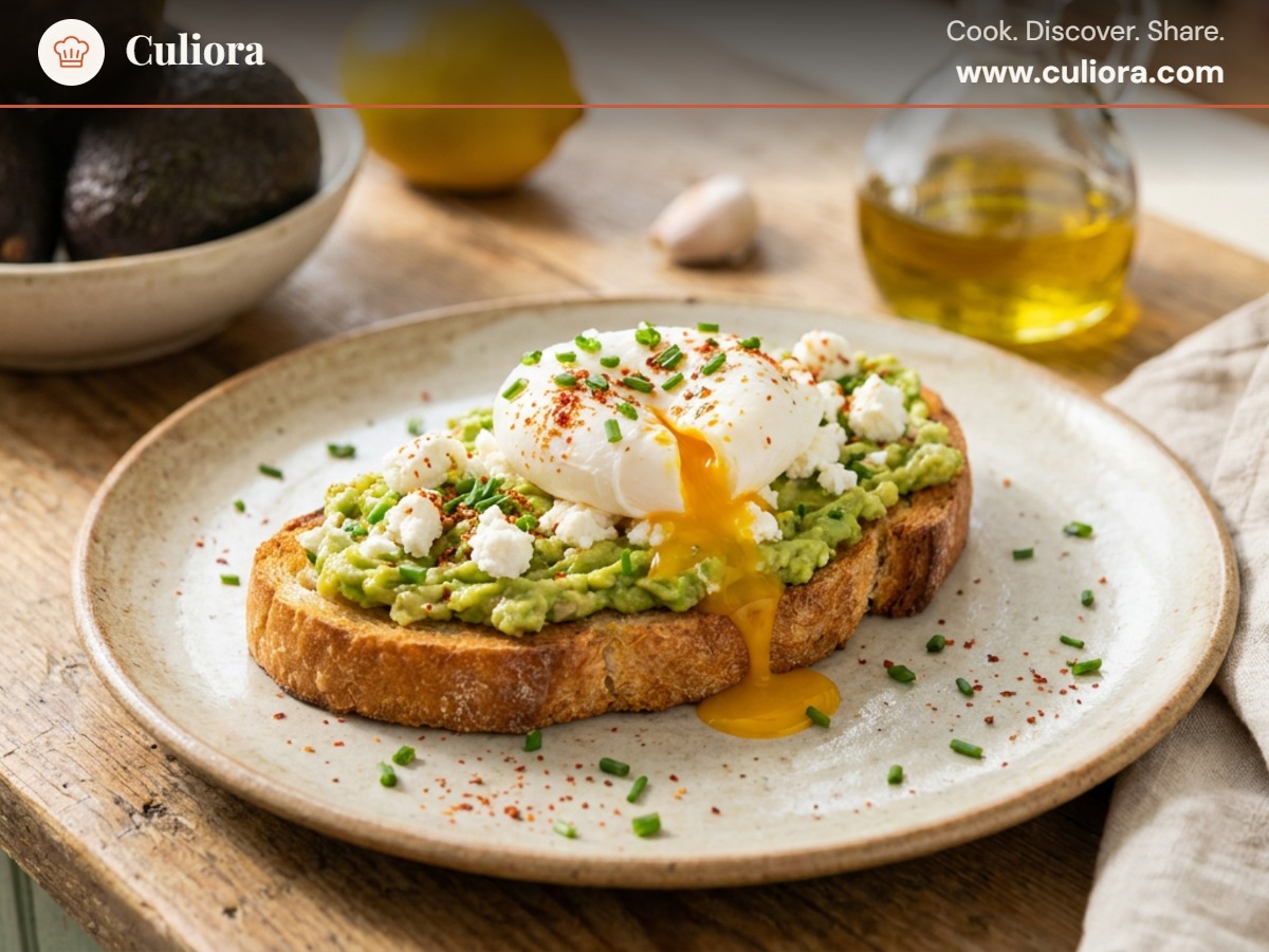 Avocado, Goat Cheese and Poached Egg Tartine served on a plate, photographed in natural light