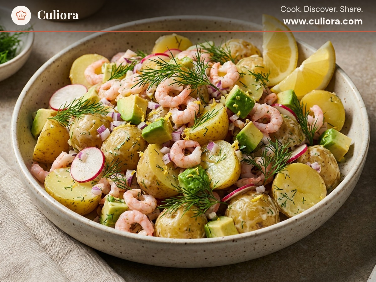 Nordic Shrimp and Avocado Potato Salad served on a plate, photographed in natural light