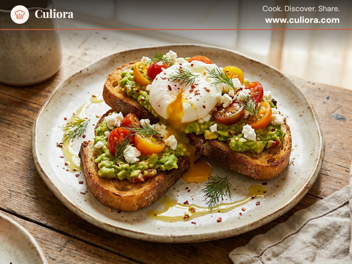 Mediterranean Avocado & Poached Egg Toast served on a plate, photographed in natural light