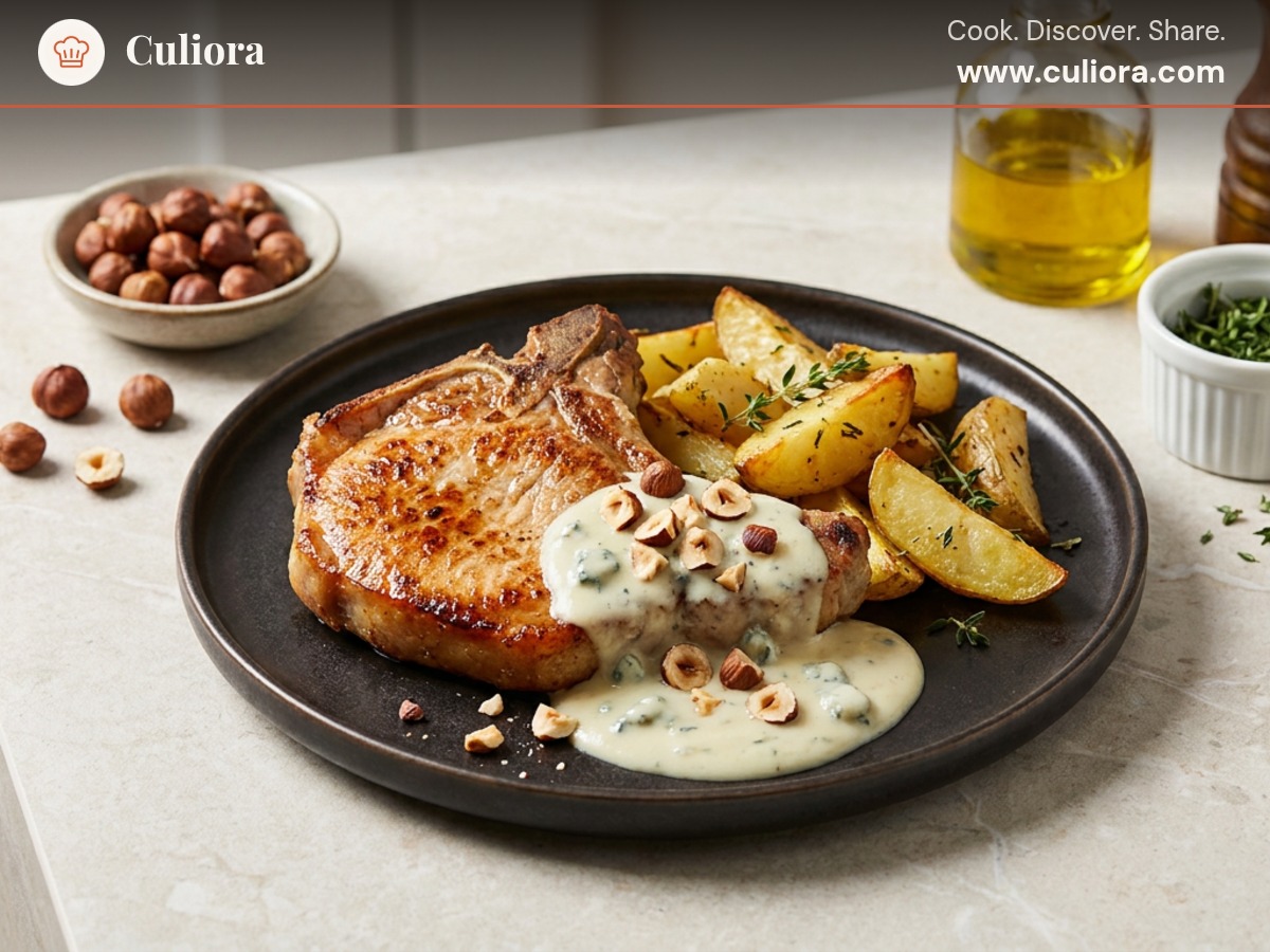 Pork Chops with Gorgonzola Sauce and Roasted Potatoes served on a plate, photographed in natural light