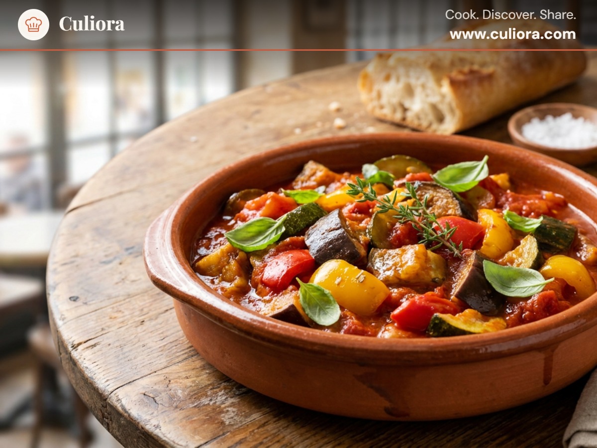 Fransk ratatouille served on a plate, photographed in natural light
