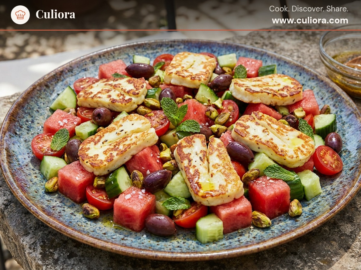Medelhavssallad med grillad halloumi och vattenmelon served on a plate, photographed in natural light