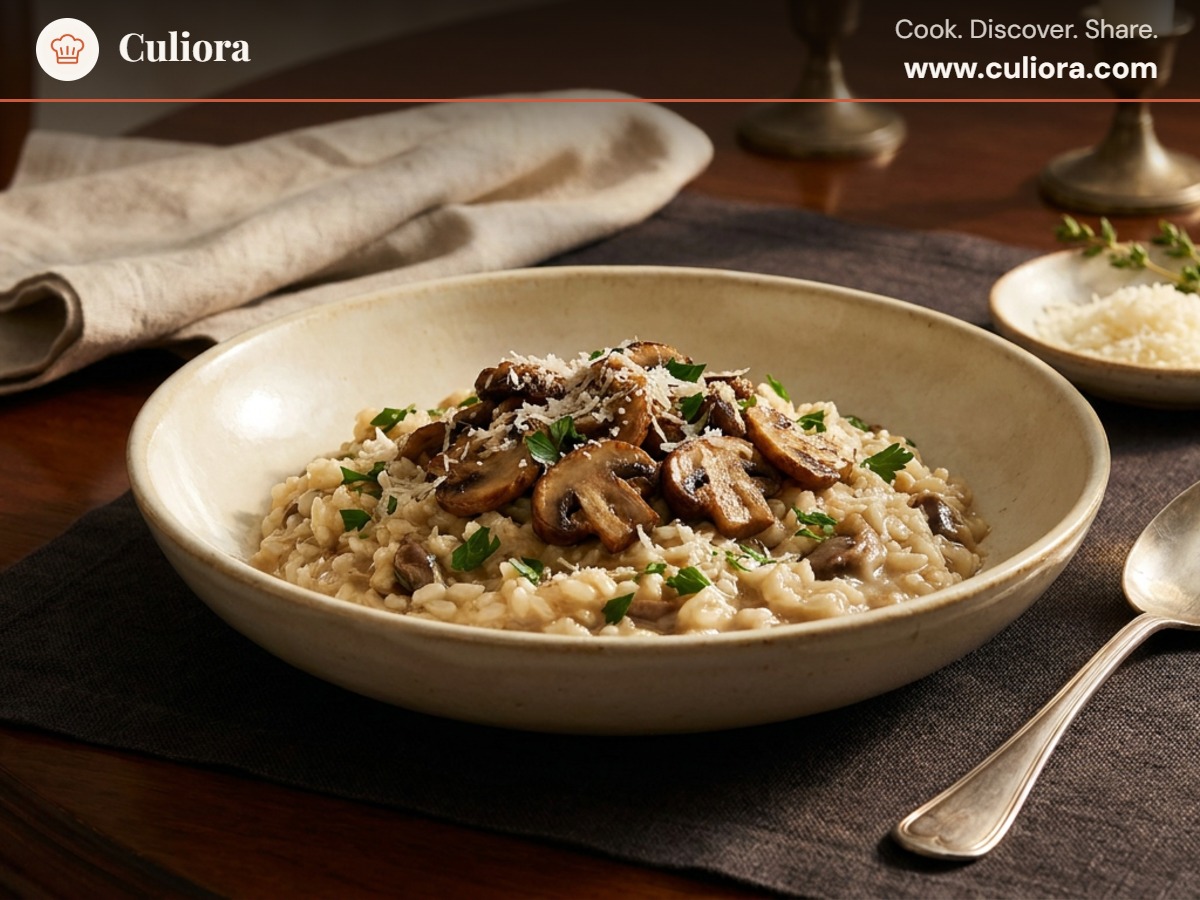 Classic Mushroom Risotto served on a plate, photographed in natural light
