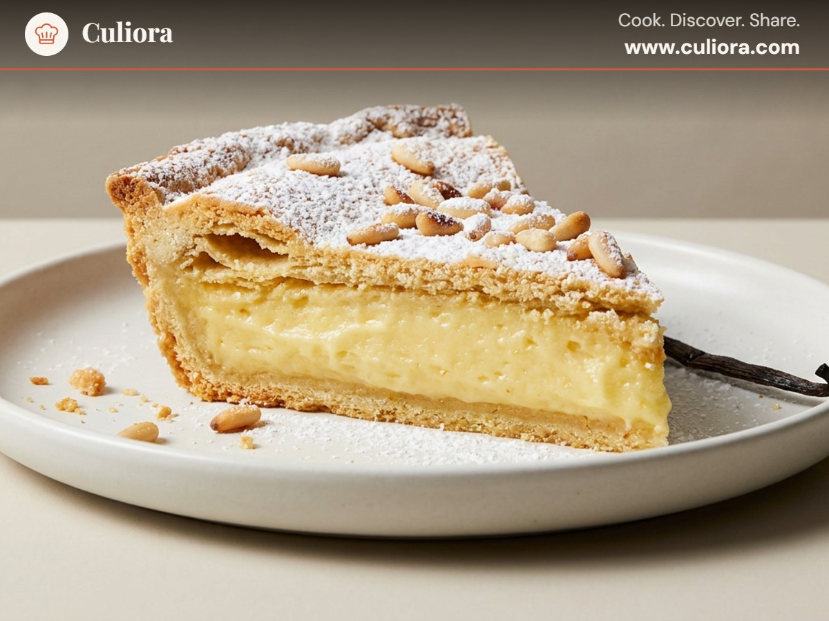 Torta della Nonna served on a plate, photographed in natural light