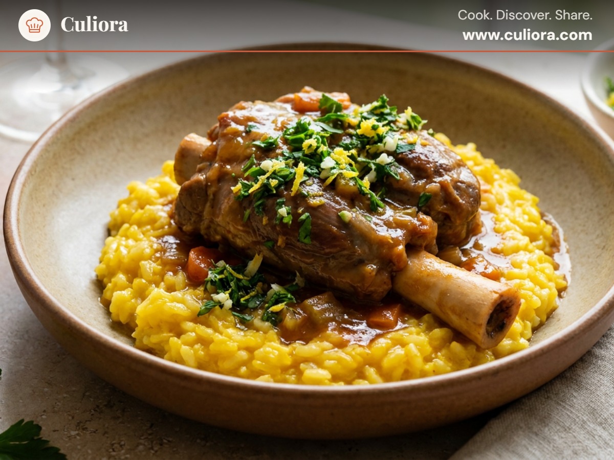 Osso Buco alla Milanese med saffransrisotto och gremolata served on a plate, photographed in natural light
