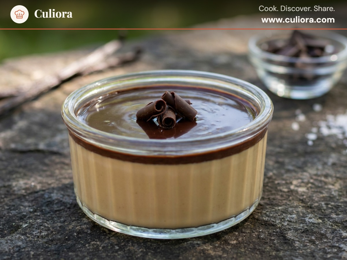 Pannacotta med mörk choklad ganache served on a plate, photographed in natural light