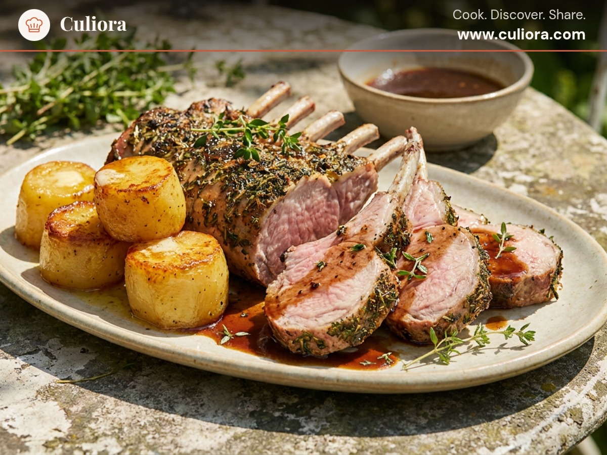 Herb-Roasted Rack of Pork with Thyme Jus and Fondant Potatoes served on a plate, photographed in natural light
