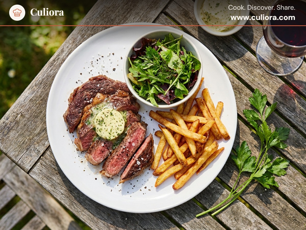 Entrecôte Café de Paris med pommes frites och grönsallad served on a plate, photographed in natural light