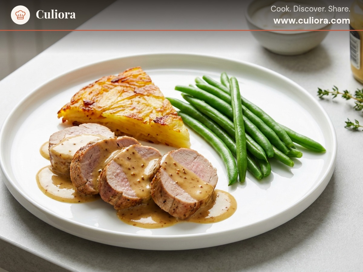 Pork Tenderloin with Mustard Sauce, Pommes Anna and Green Beans served on a plate, photographed in natural light