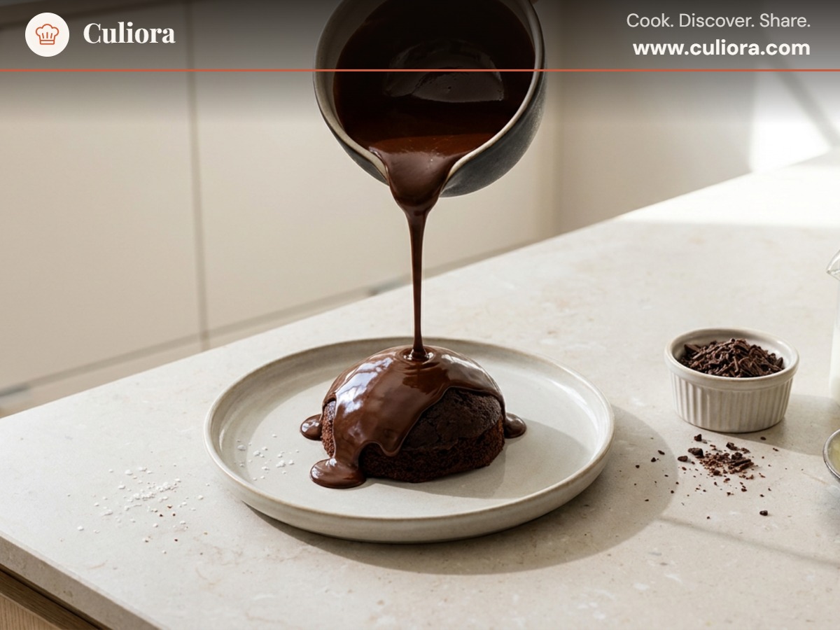 Fransk choklad ganache served on a plate, photographed in natural light