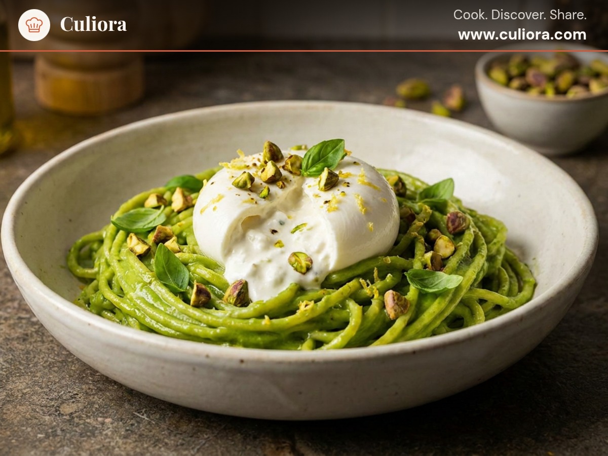 Creamy Avocado and Lemon Pasta with Burrata, Pistachios and Basil served on a plate, photographed in natural light