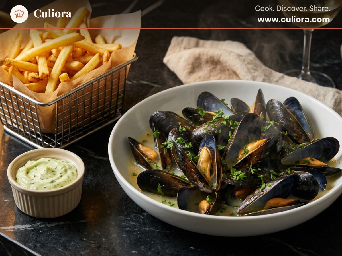 Moules-frites med vitlöks- och persiljemajonnäs samt pommes frites served on a plate, photographed in natural light