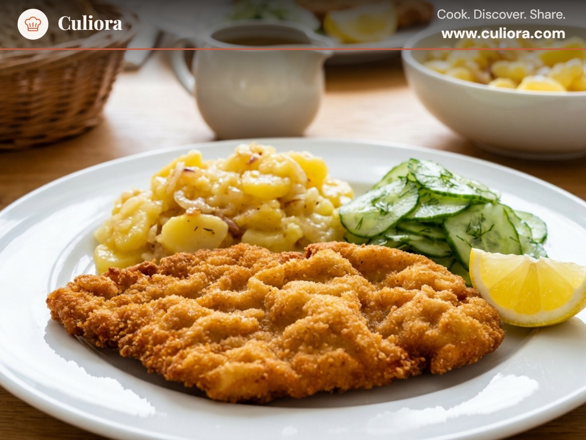 Klassisk Wiener Schnitzel med österrikisk potatissallad och gurksallad served on a plate, photographed in natural light
