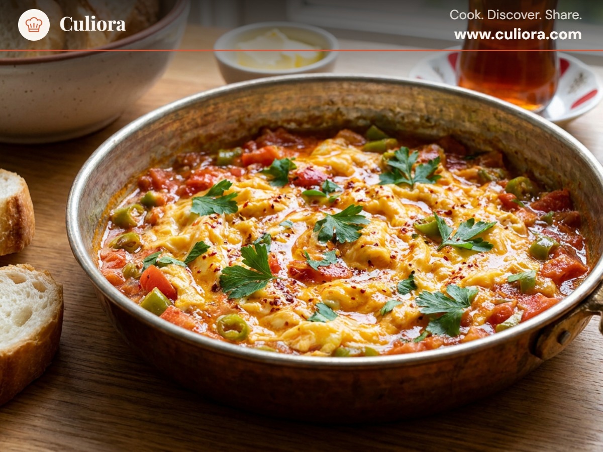 Traditional Turkish Menemen served on a plate, photographed in natural light