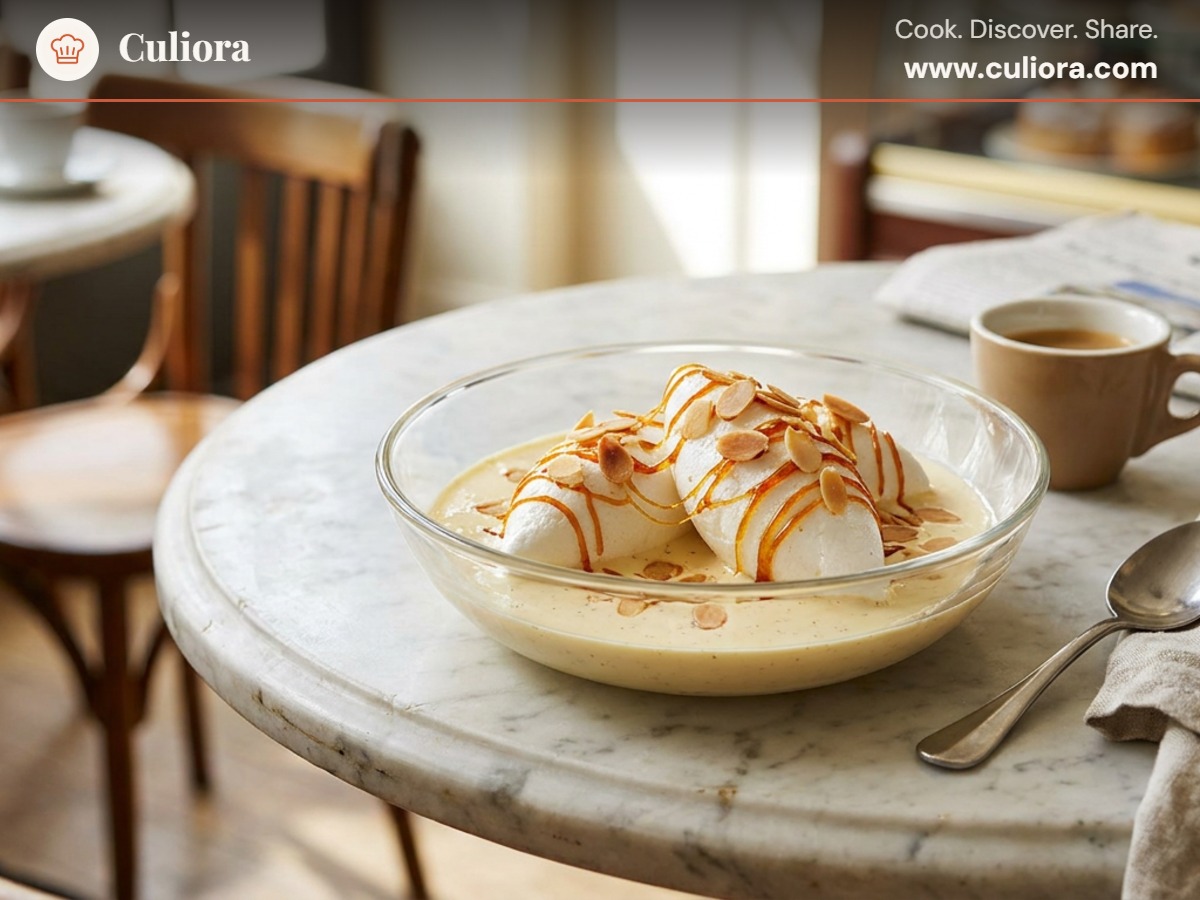 Île flottante (Flytande ö) served on a plate, photographed in natural light