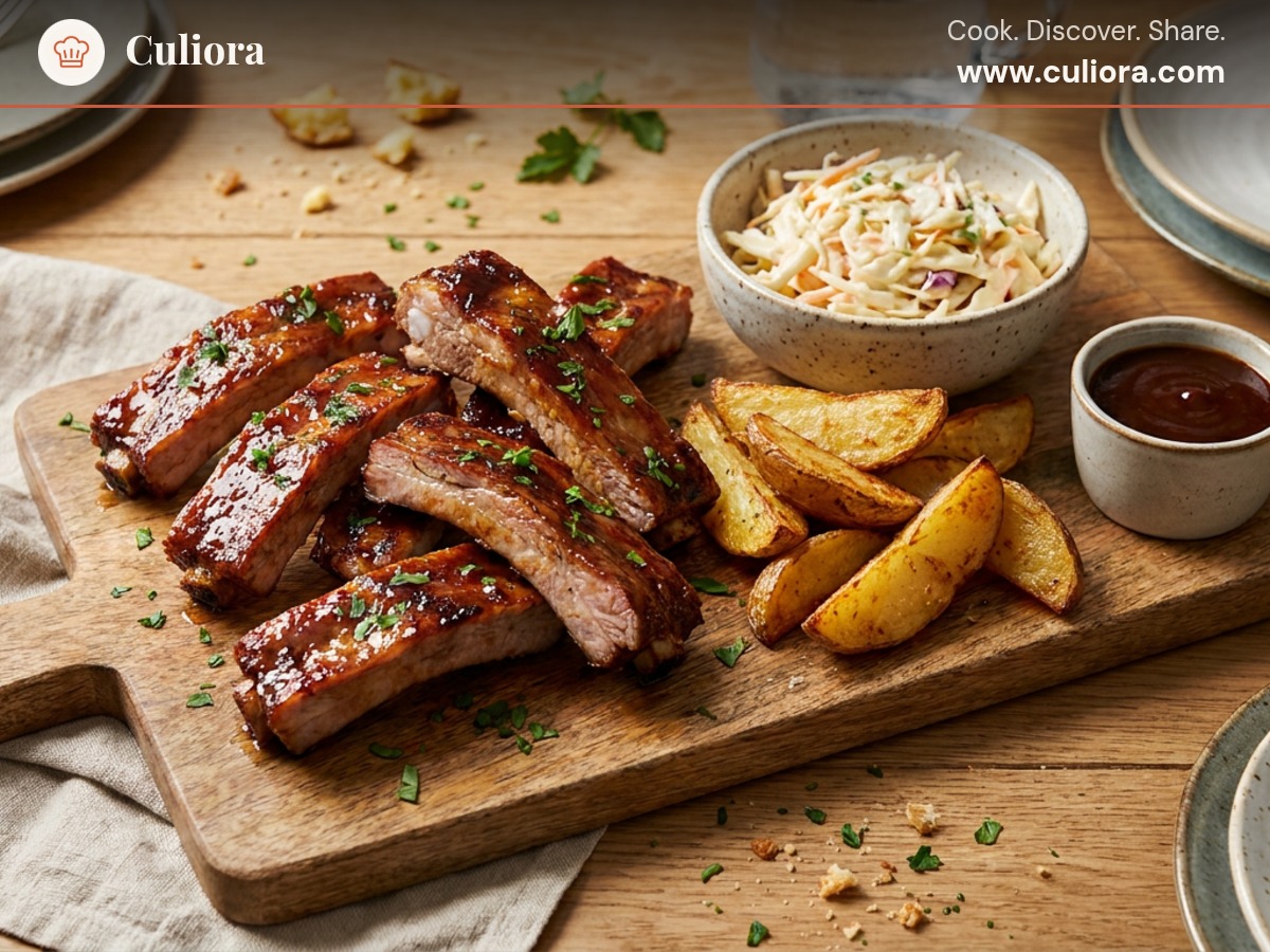 Honey-Glazed Ribs with Roast Potatoes, Coleslaw, and BBQ Sauce served on a plate, photographed in natural light