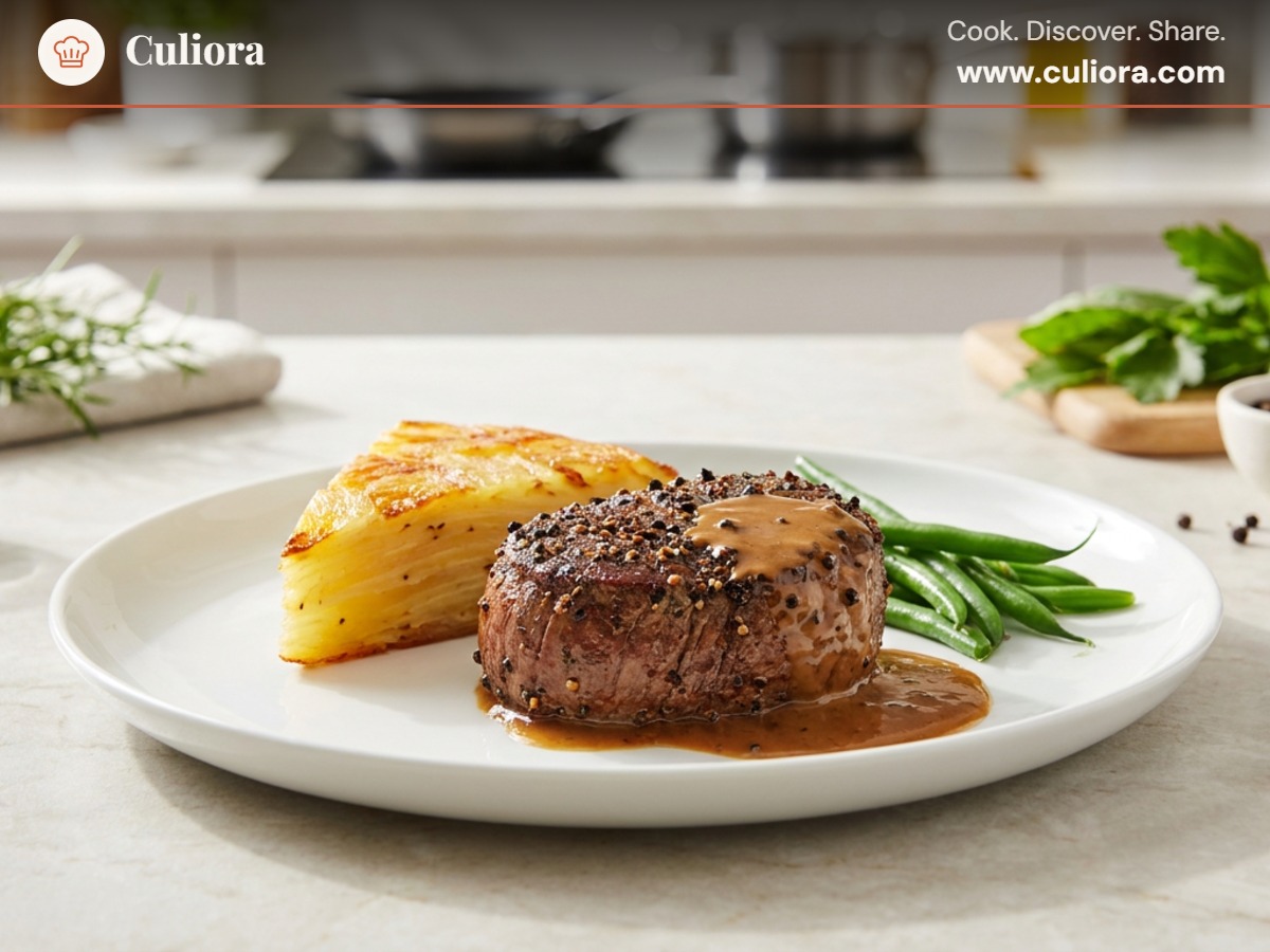 Filet Mignon au Poivre with Pommes Anna and Haricots Verts served on a plate, photographed in natural light