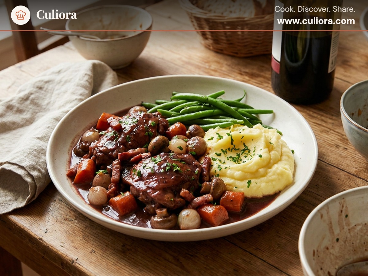 Klassisk Coq au Vin med smörig potatispuré och haricots verts served on a plate, photographed in natural light