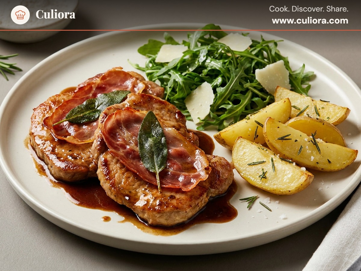 Saltimbocca alla Romana with Rosemary Potatoes and Arugula Salad served on a plate, photographed in natural light