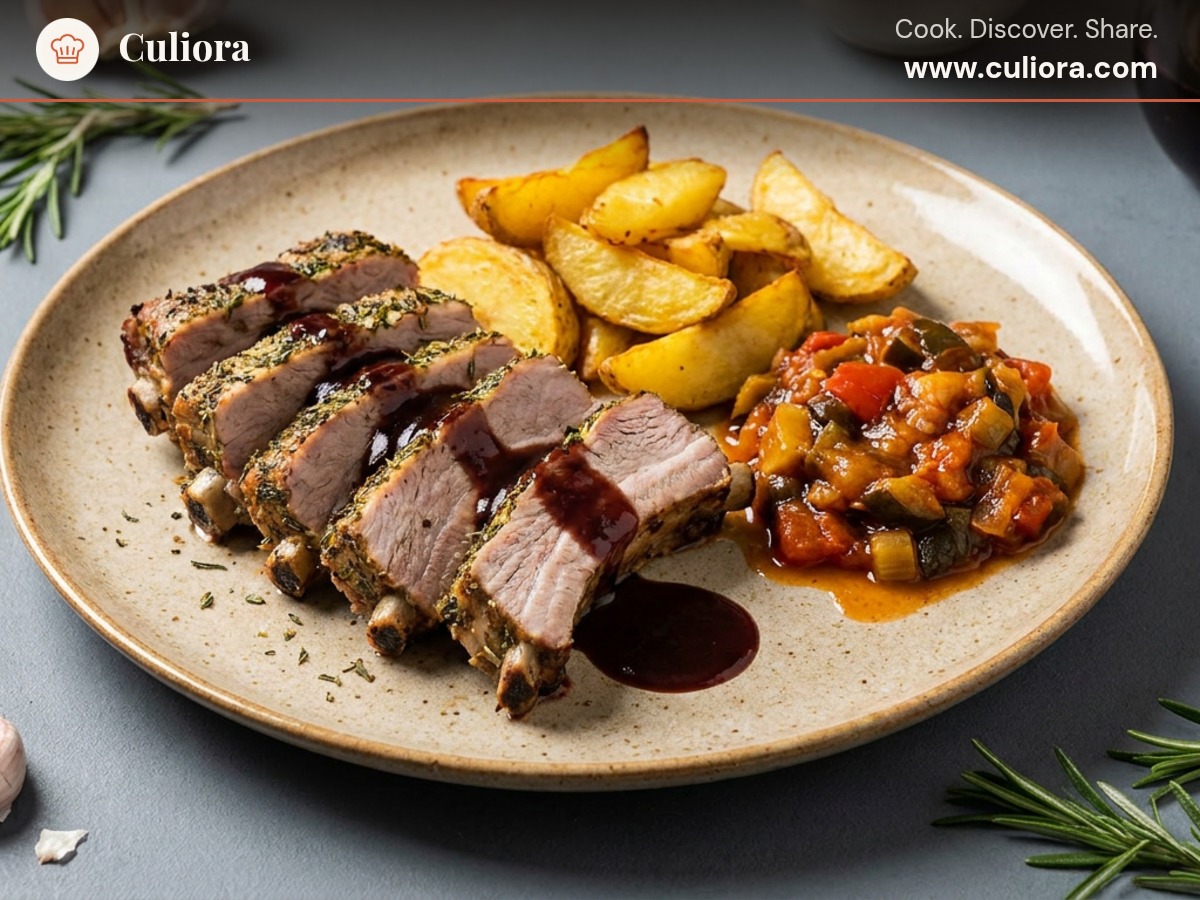 Herb-Baked Ribs with Garlic-Roasted Potatoes, Ratatouille, and Red Wine Sauce served on a plate, photographed in natural light
