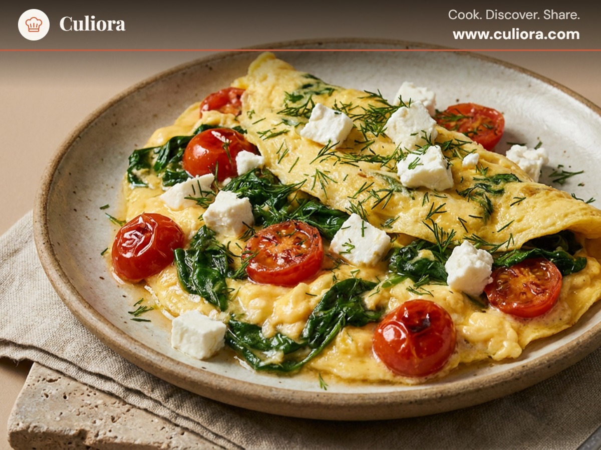 Mediterranean Scrambled Eggs with Feta and Spinach served on a plate, photographed in natural light