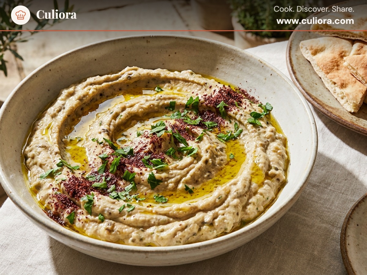 Baba Ganoush served on a plate, photographed in natural light