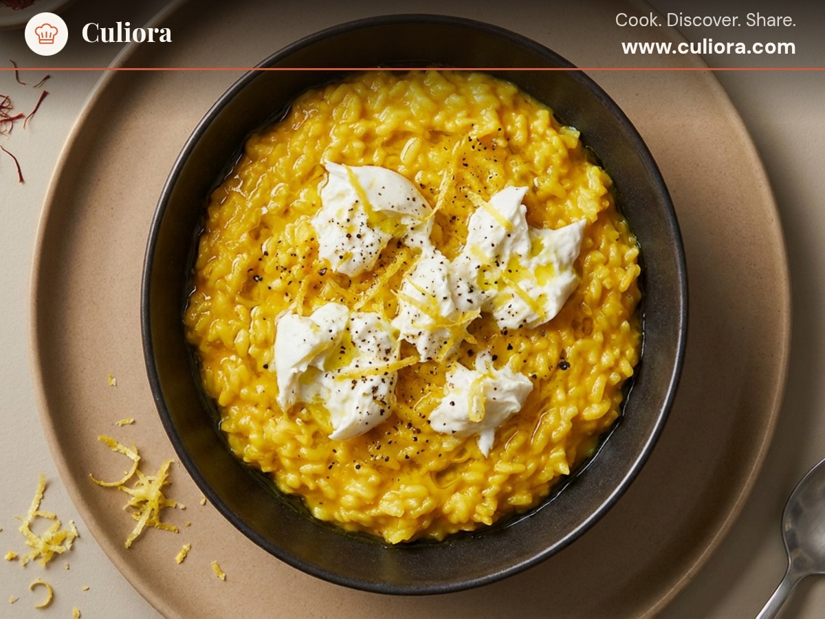 Saffron Risotto with Burrata & Lemon served on a plate, photographed in natural light