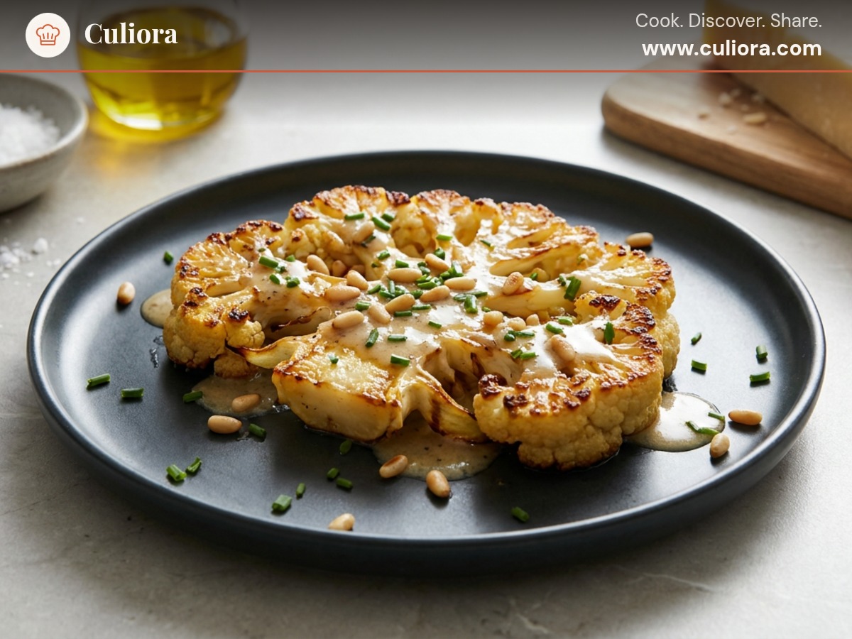 Roasted Cauliflower Steak with Truffle Parmesan Cream served on a plate, photographed in natural light