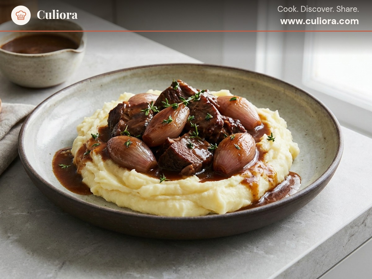 Beer-Braised Pork with Confit Shallots and Potato Purée served on a plate, photographed in natural light