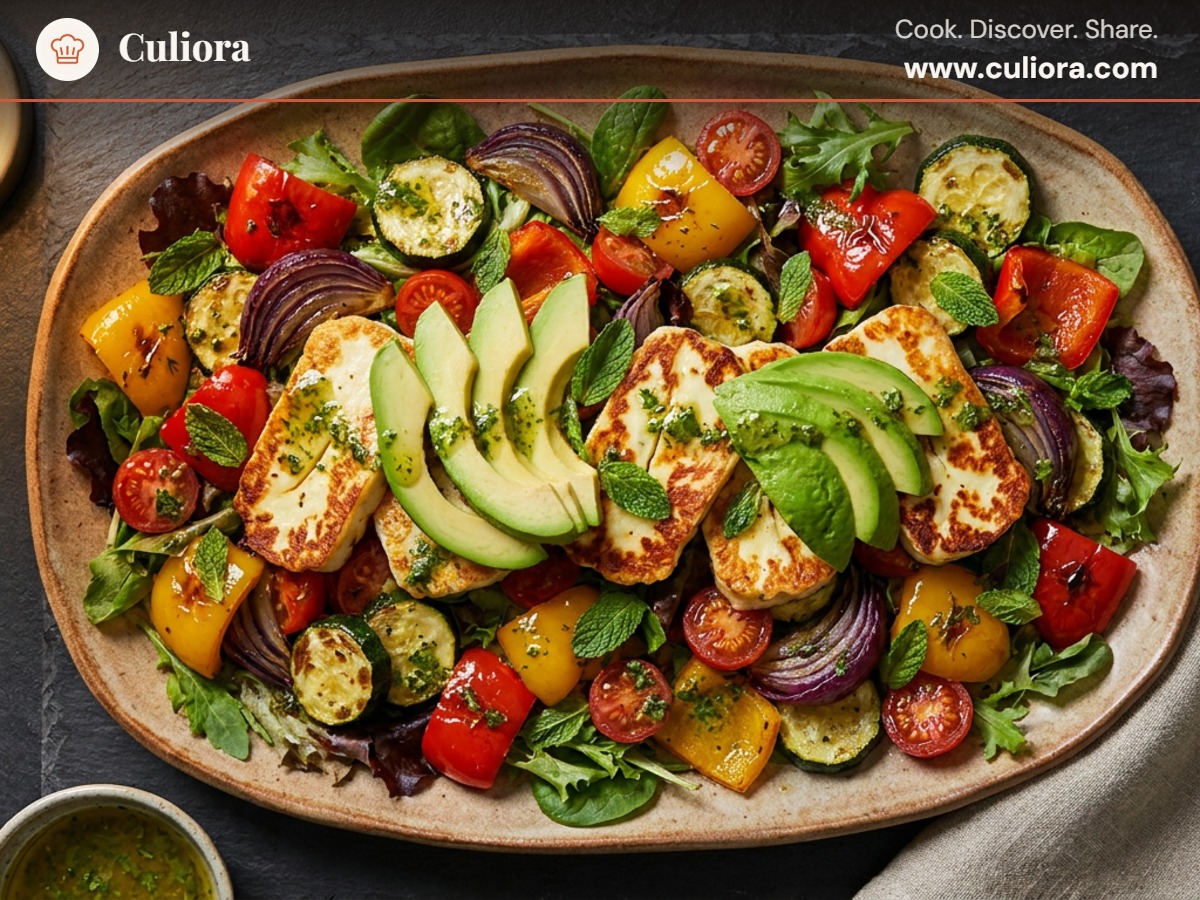Warm Halloumi, Avocado & Roasted Vegetable Salad served on a plate, photographed in natural light
