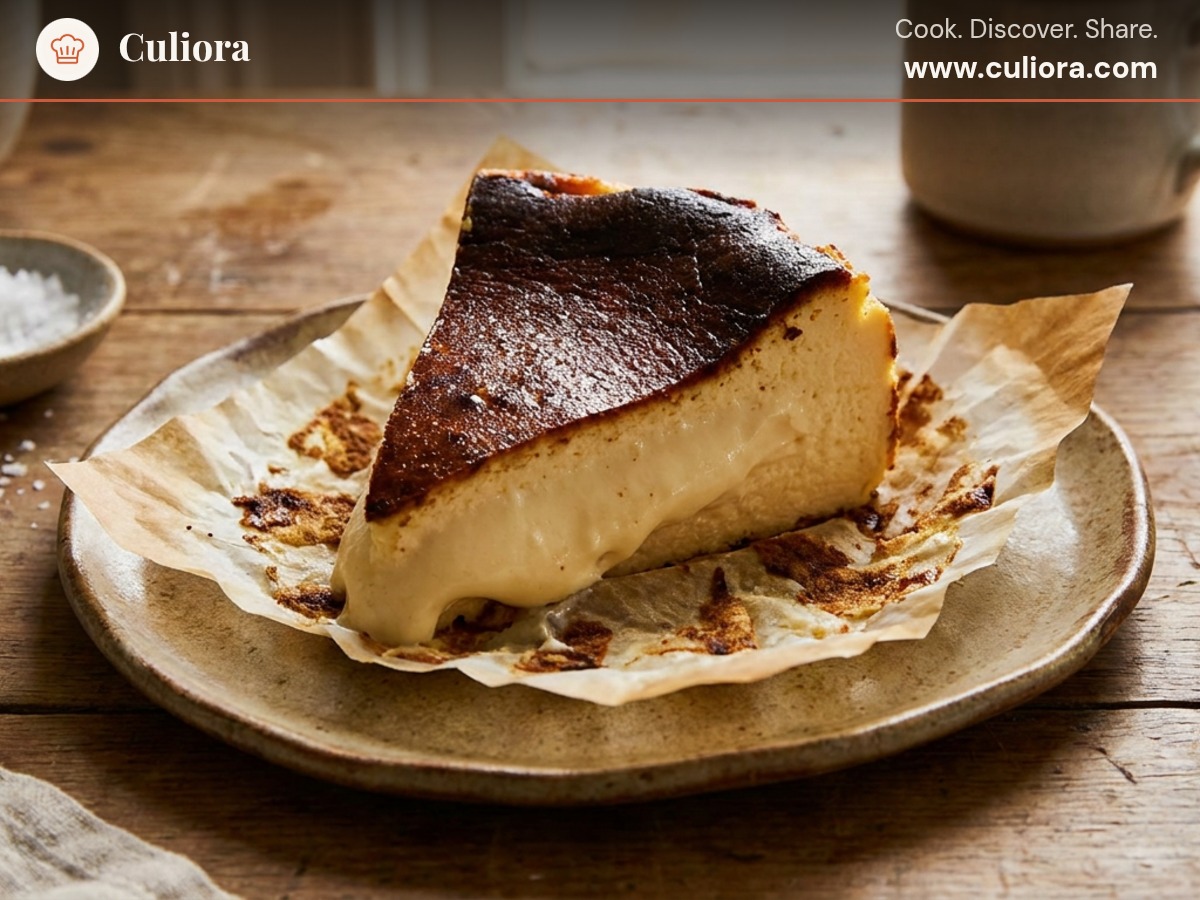 San Sebastián Cheesecake (Baskisk ostkaka) served on a plate, photographed in natural light