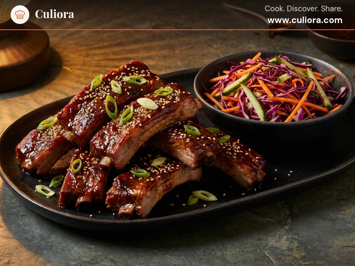 Asiatiska sticky ribs med krispig kålsallad och sesamdressing served on a plate, photographed in natural light