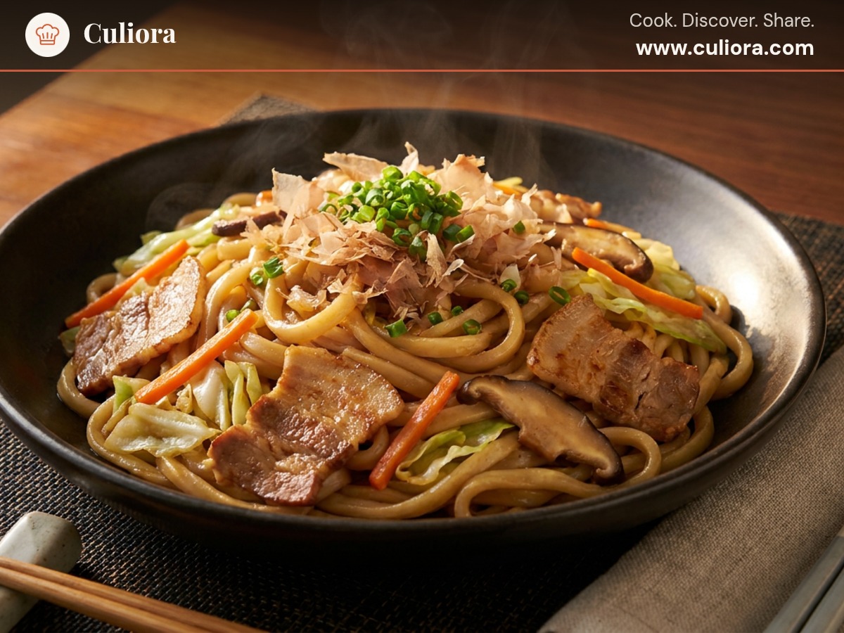 Yaki Udon med fläsk och grönsaker served on a plate, photographed in natural light