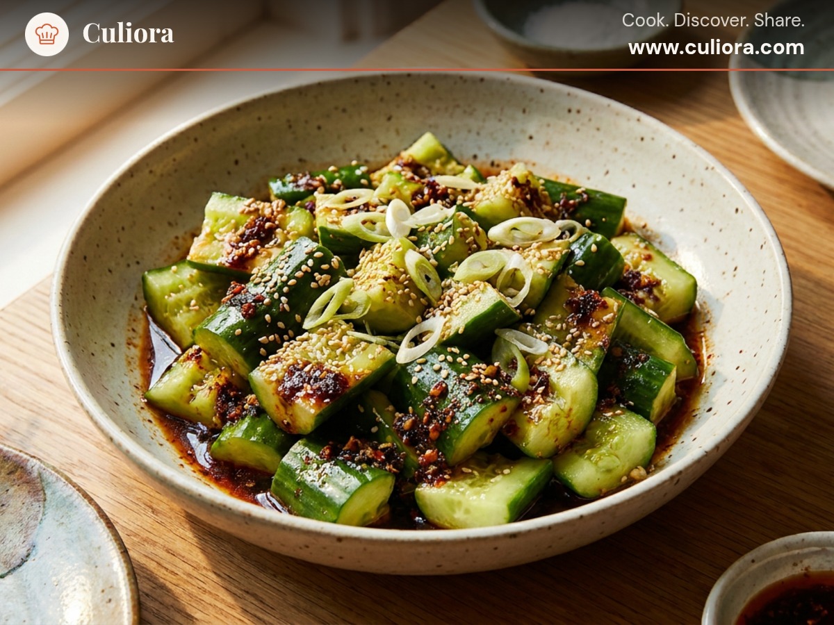 Asian Smashed Cucumber Salad with Sesame and Chili served on a plate, photographed in natural light