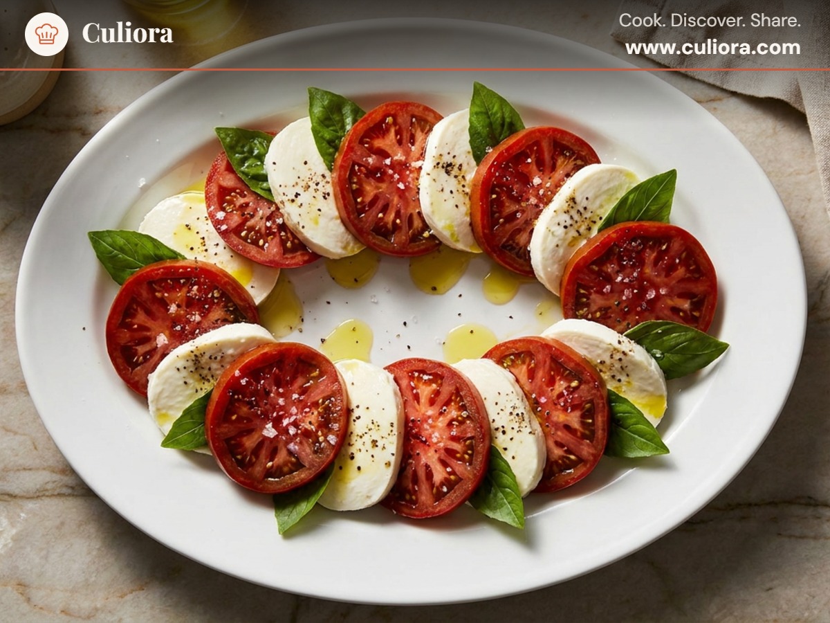 Insalata Caprese served on a plate, photographed in natural light