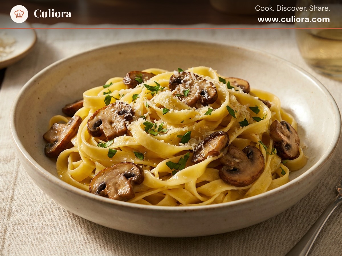 Truffle Mushroom Tagliatelle served on a plate, photographed in natural light