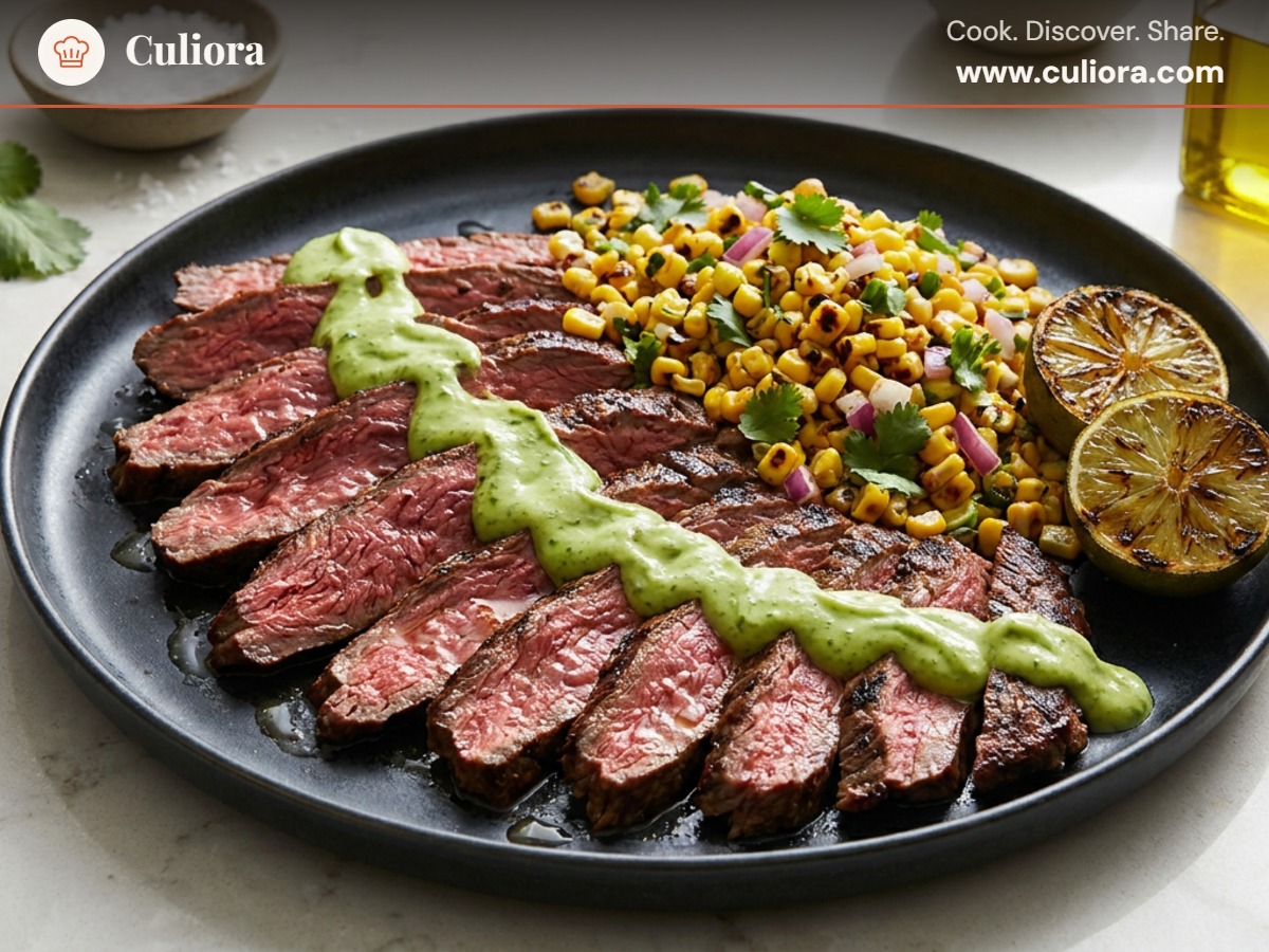 Grilled Carne Asada with Avocado-Lime Crema & Charred Corn Salsa served on a plate, photographed in natural light