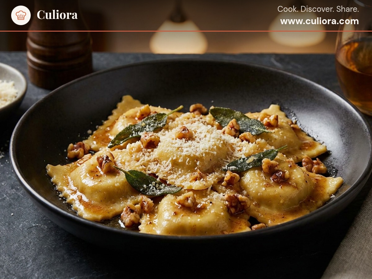 Caramelized Pear and Gorgonzola Ravioli served on a plate, photographed in natural light